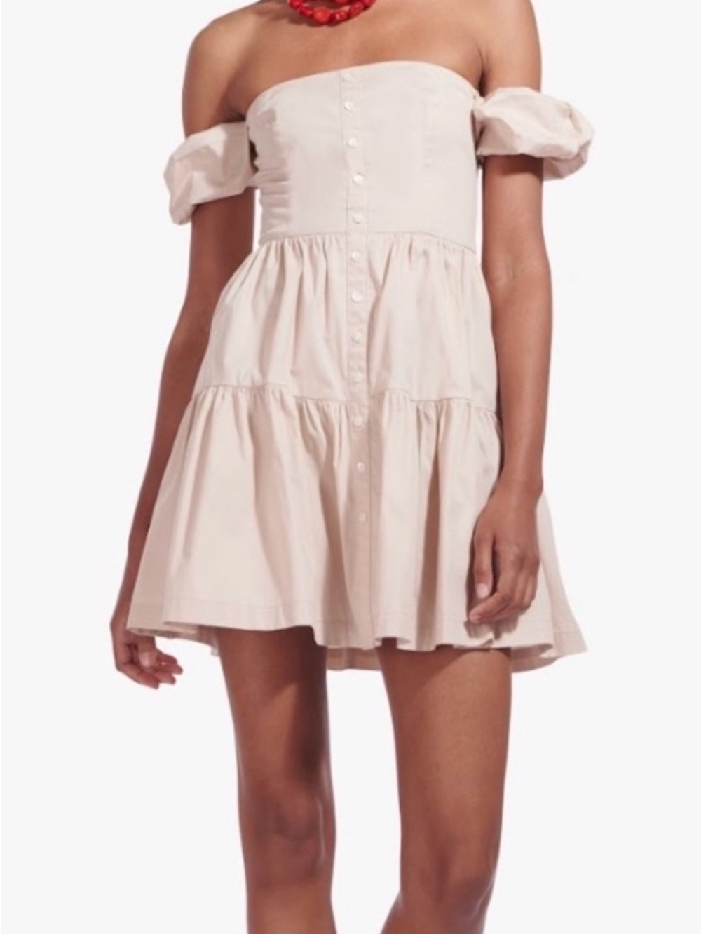 Staud Elio Off-Shoulder Tiered Mini Dress in Light Beige